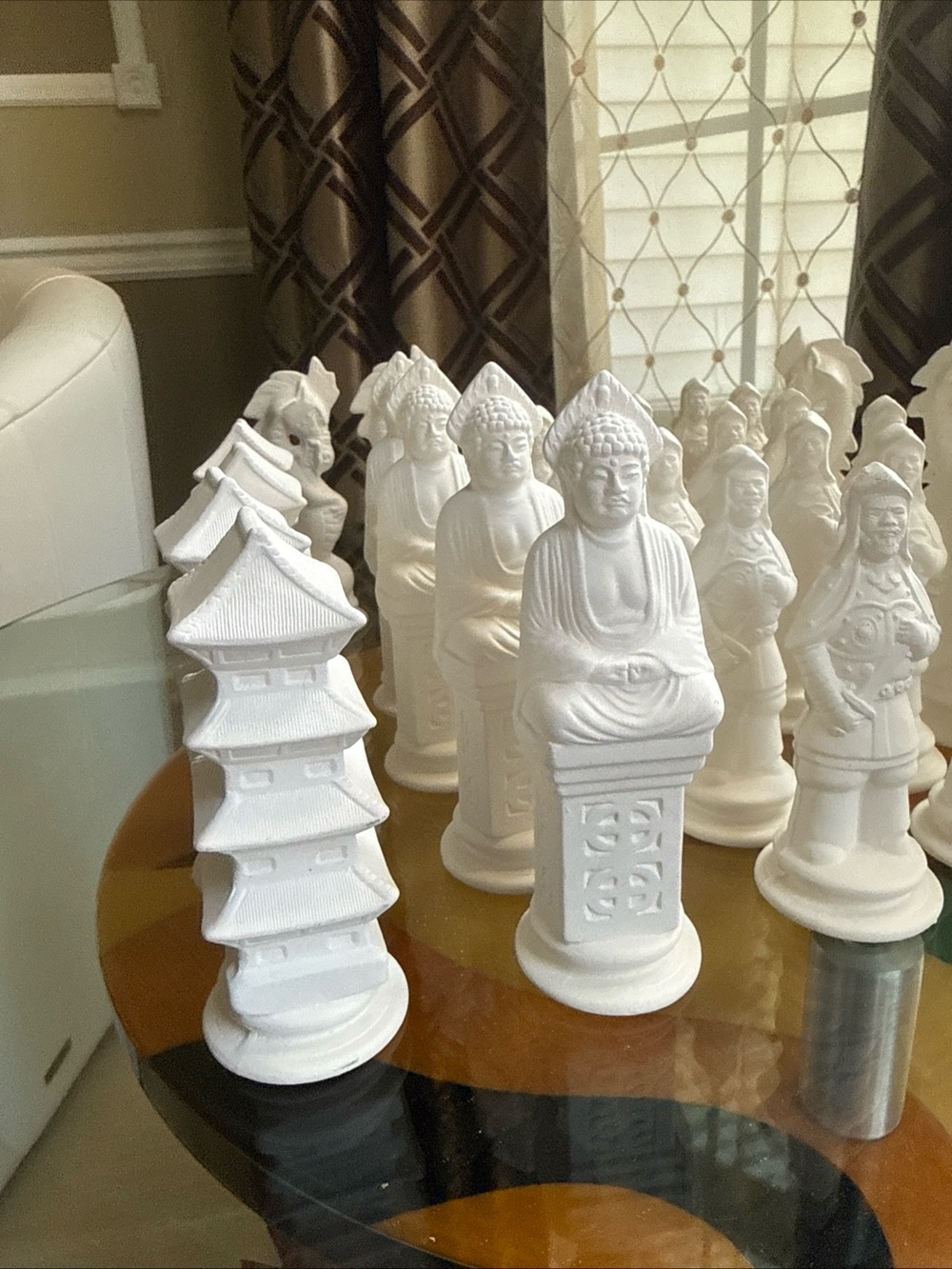 White Plaster Paintable Buddha & Pagoda Chess Set - Unbranded